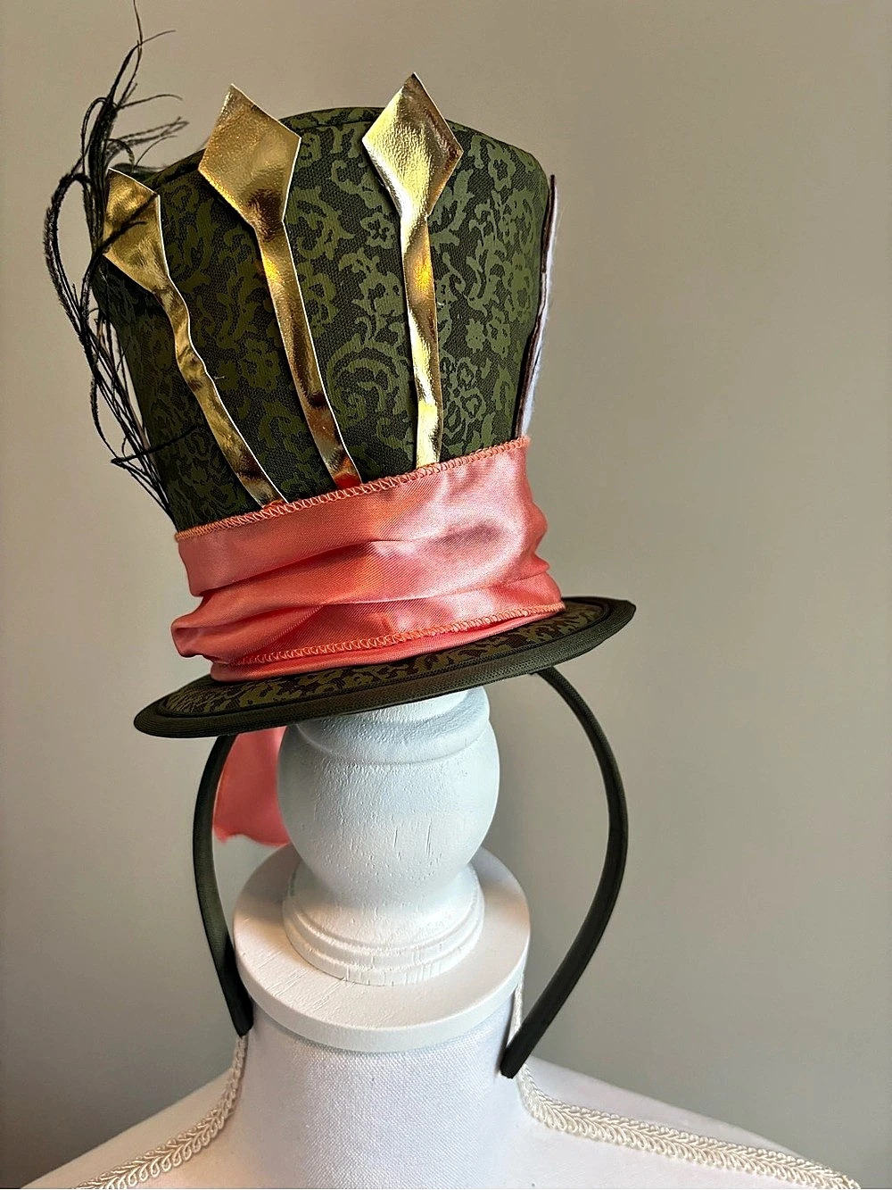 Alice Through The Looking Glass Mad Hatter Hat Headband Feather Satin Bow Costum